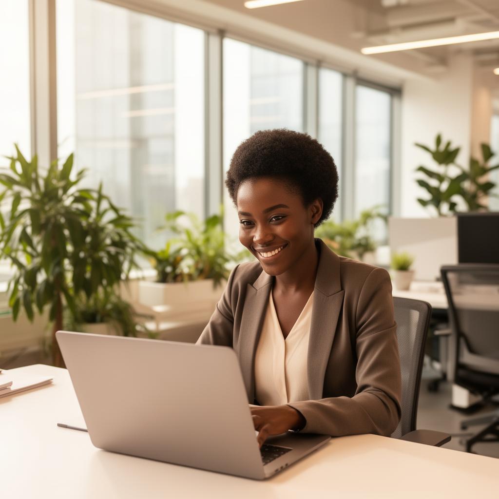 African woman working on a laptop in a modern office
